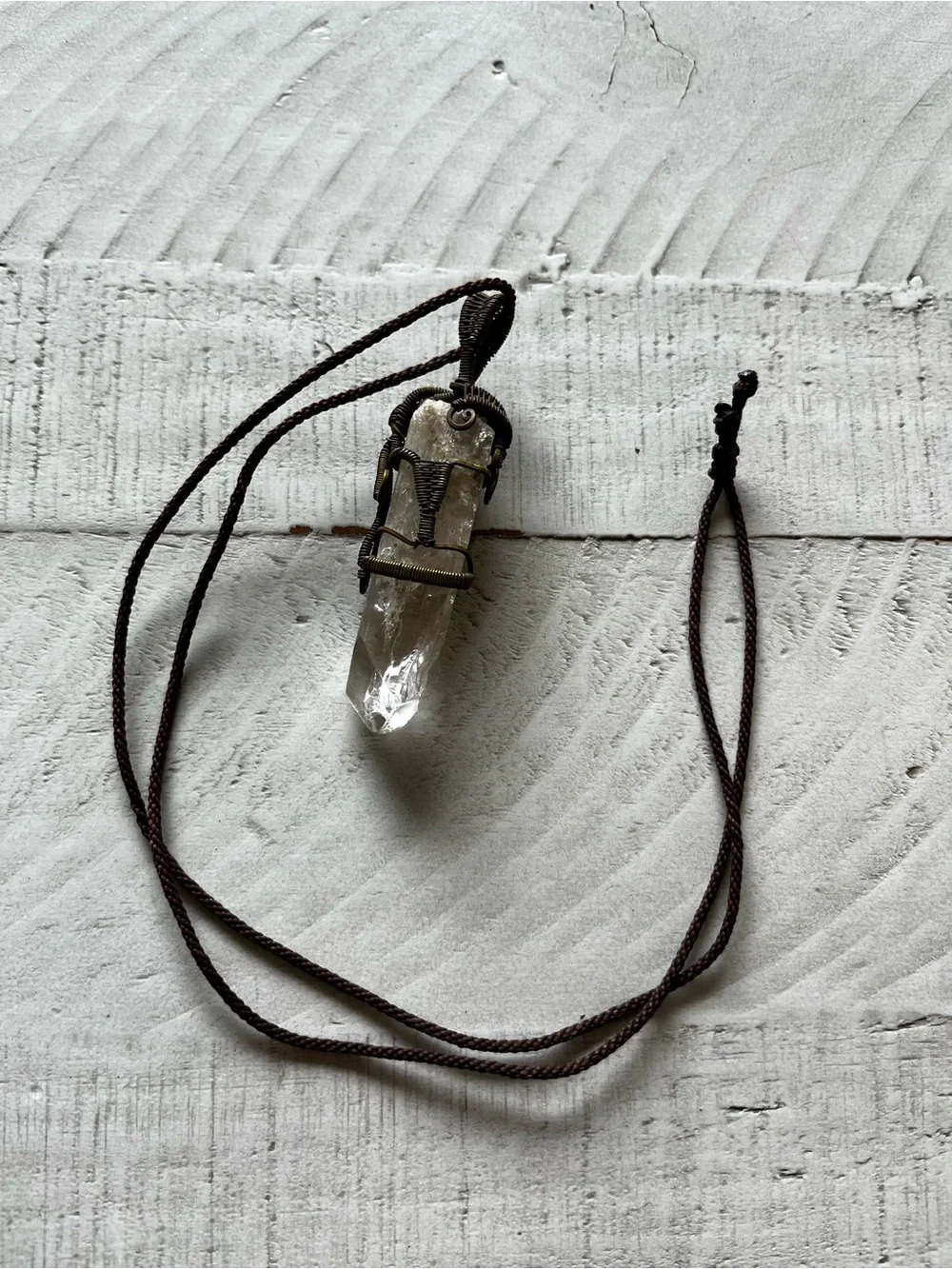 Handcrafted Brown Cord Necklace with Wire Wrapped Clear Crystal Pendant - Picture 5 of 5